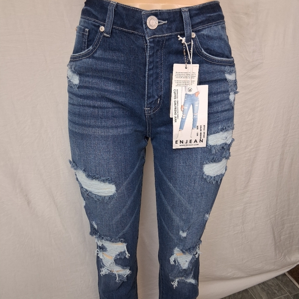 ENJEAN NEW Jeans Size 3 Women's Skinny Distressed Jeans - Medium Blue - Picture 15 of 16